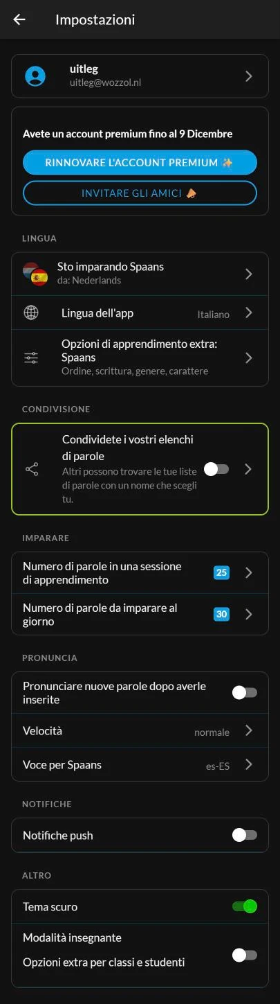 La nuova schermata delle impostazioni di Wozzol